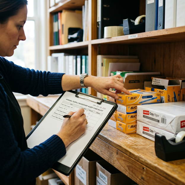 Office manager counting stock and completing a 30-day inventory audit checklist in a supply room.