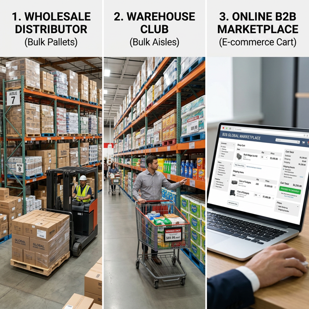 Comparison of three bulk office supply sourcing options: wholesale distributor, warehouse club, and B2B marketplace.