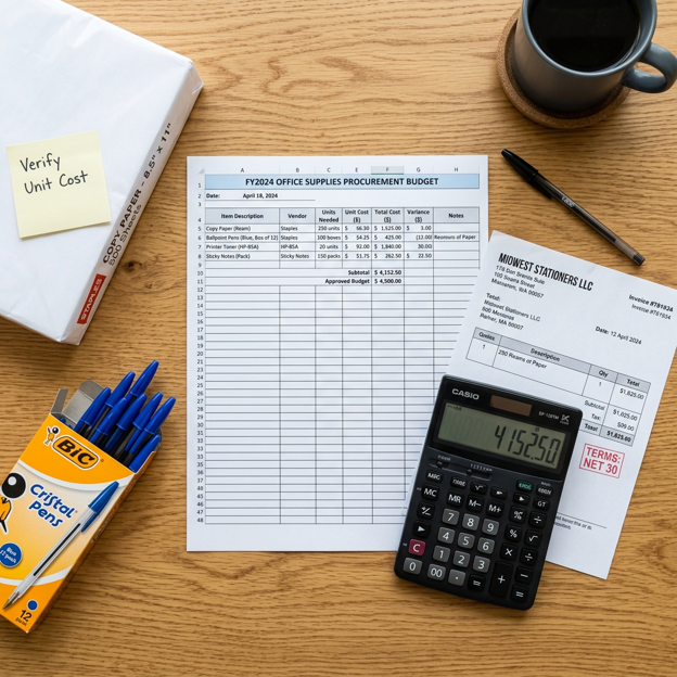 Procurement budget worksheet with per-unit cost calculations, a calculator, and a Net 30 invoice.