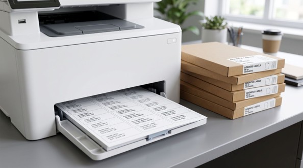 Bulk boxes of address label sheets next to a laser printer printing 30-up mailing labels