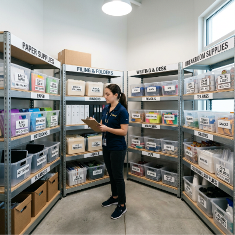 Organized office supply storeroom with labeled shelves of bulk paper, pens, and folders ready for procurement.