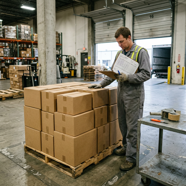 Worker checking a pallet of shipping cartons against a packing slip in a receiving area