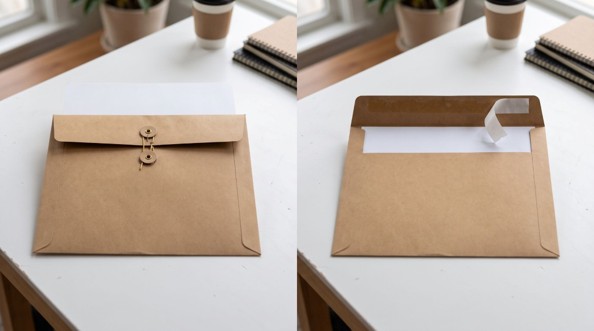 Kraft clasp envelope with metal clasp compared with a kraft catalog envelope with peel-off adhesive strip