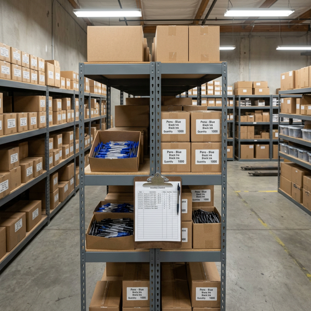 Sealed cartons and boxes of pens on shelving in an organized business supply room