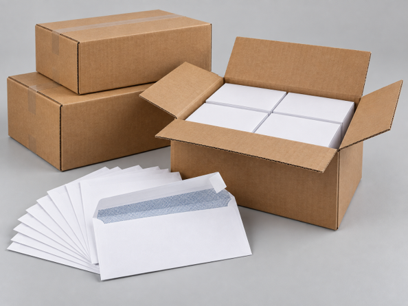 Carton of #10 peel and seal business envelope boxes with security tint envelopes for bulk office mailing
