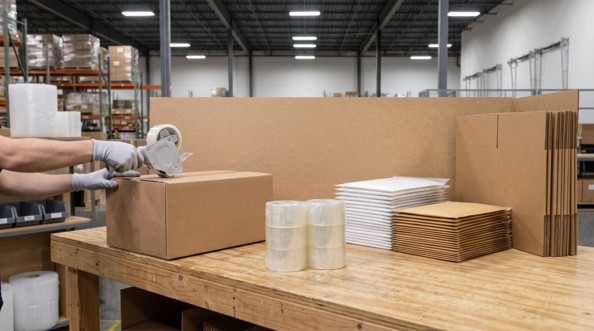 Packing station with packaging tape dispenser, multi-roll tape pack, and cases of mailers for high-volume shipping