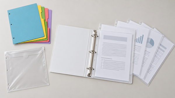 Clear sheet protectors fanned out beside an open three-ring binder with index dividers and a binder pocket