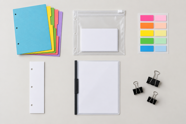 Binder accessories laid out in a grid: index dividers, binder pocket, index tabs, spine insert, report cover, and binder clips