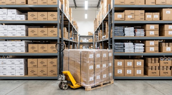 Bulk mailing supplies stocked by the case on supply room shelving with a pallet of envelope and mailer cartons